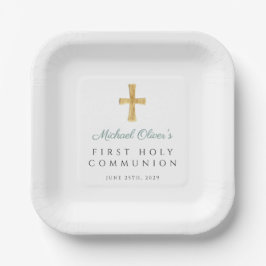 Assiettes En Carton Green Script Cross Boy First Communion