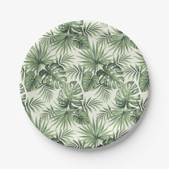 Assiettes En Carton Green Tropical Palm Feuille Motif (Devant)