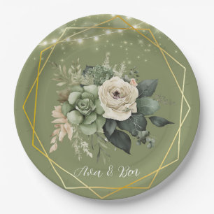Assiettes En Carton Green White Peony Lights Mariage