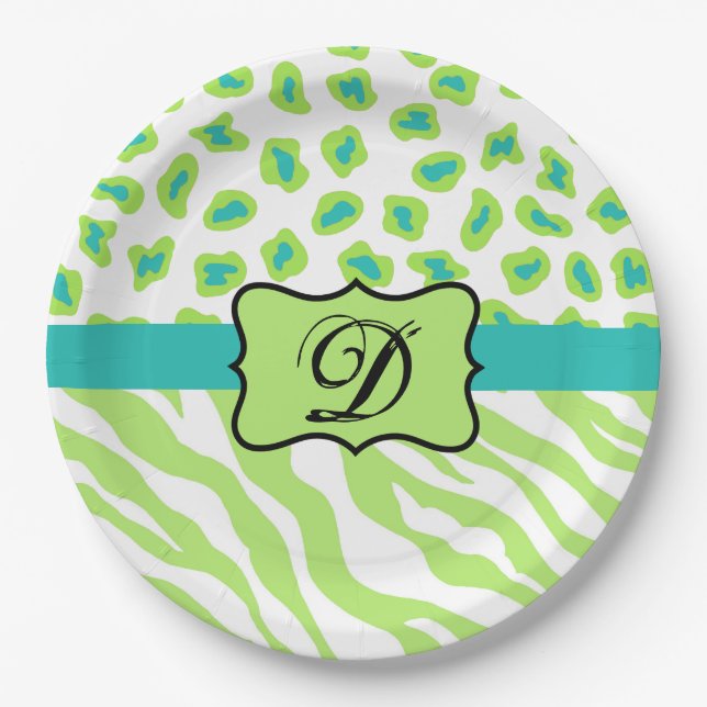 Assiettes En Carton Green White Zebra Leopard Skin Monogram (Devant)