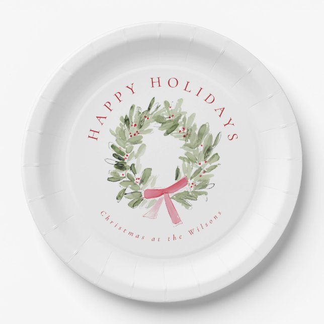 Assiettes En Carton Greenery Wreath & Red Bow Holiday (Devant)