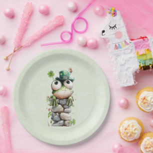 Assiettes En Carton Grenouille avec chapeau vert et trèfle mignonne