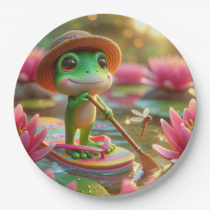 Assiettes En Carton Grenouille sur un tonneau dans un étang