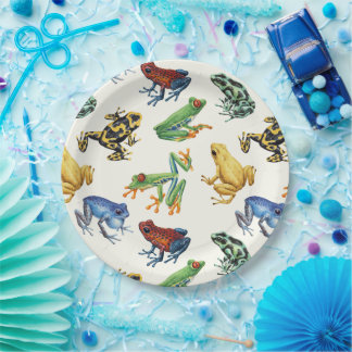 Assiettes En Carton Grenouilles sur blanc naturel