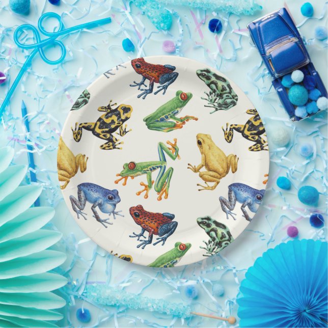 Assiettes En Carton Grenouilles sur blanc naturel (Fête)