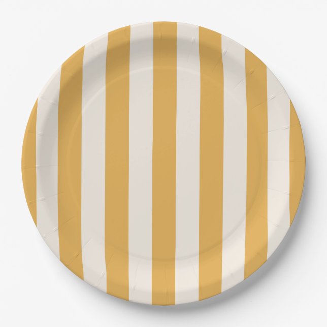 Assiettes En Carton Grilles Verticales Moutarde Jaune Et Blanc Gratté (Devant)