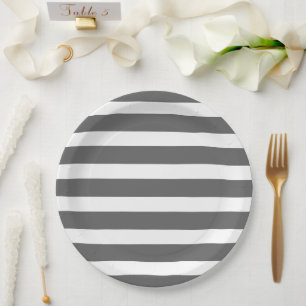 Assiettes En Carton Gris de charbon et rayures blanches