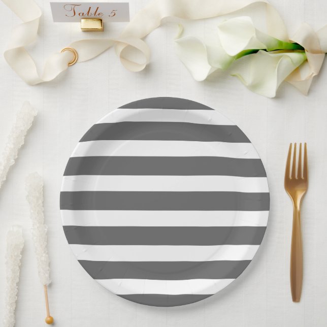 Assiettes En Carton Gris de charbon et rayures blanches (Mariage)
