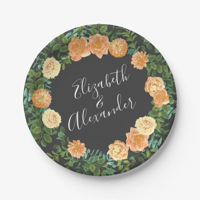 Assiettes En Carton Gris foncé Pêche Mariage Floral moderne (Devant)