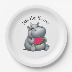 Assiettes En Carton Gris Hippopotame Pastèque Anniversaire