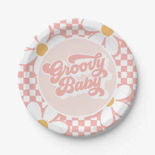 Assiettes En Carton Groovy Baby Rose à Carreaux Rose