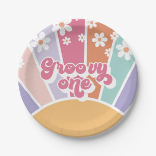 Assiettes En Carton Groovy One Retro Sunshine Rainbow Daisy