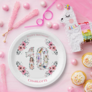 Assiettes En Carton Gros 10e anniversaire fille photo Collage Fleur ro