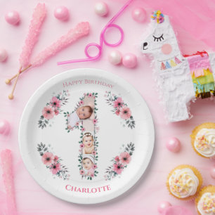 Assiettes En Carton Gros 1er anniversaire fille photo Collage Fleur ro