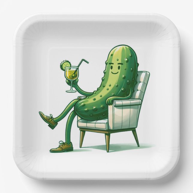Assiettes En Carton Gros Dill Pickle avec un Cocktail (Recto)
