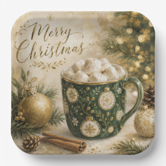 Assiettes En Carton Guimauves Chocolat Chaud Vert Cosy Or