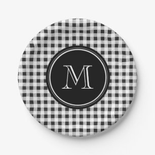 Assiettes En Carton Guingan noir et blanc, votre monogramme