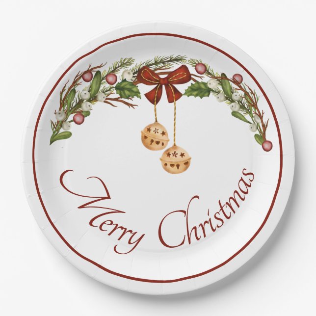 Assiettes En Carton Guirlande de Noël avec noeud et cloches (Devant)