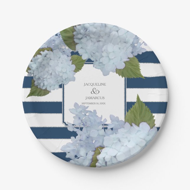 Assiettes En Carton Guirlande florale d'hortensia rayé bleu peinte à (Devant)
