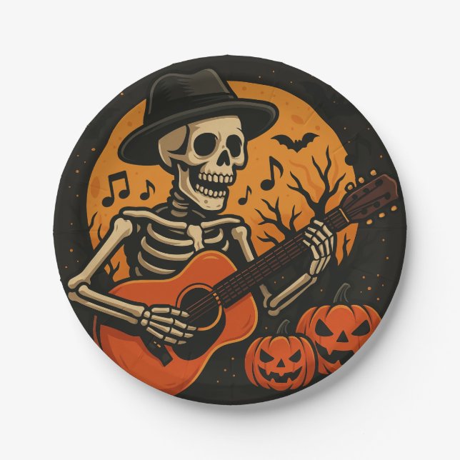 Assiettes En Carton Guitar-Playing Skull Halloween Paper Plate (Devant)