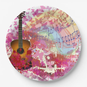 Assiettes En Carton Guitare acoustique et papillons
