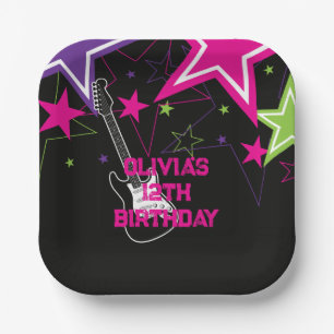 Assiettes En Carton Guitare Stars Rock Anniversaire Rose Violet