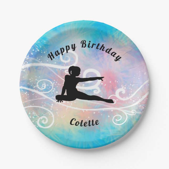 Assiettes En Carton Gymnastique Joyeux Anniversaire Personnalisé Swirl (Devant)