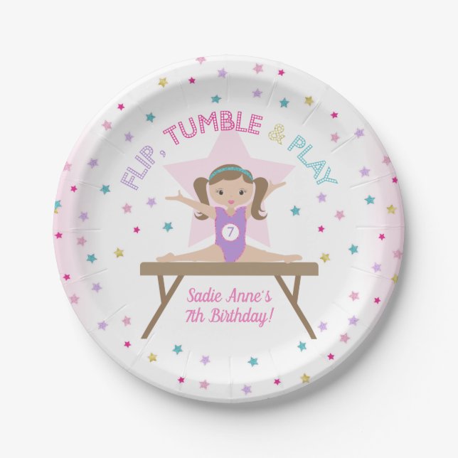 Assiettes En Carton Gymnastique Jump mignon cheveux Brown fête d'anniv (Devant)