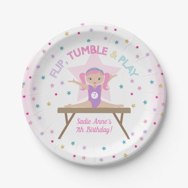 Assiettes En Carton Gymnastique Jump rose cheveux fête d'anniversaire (Devant)