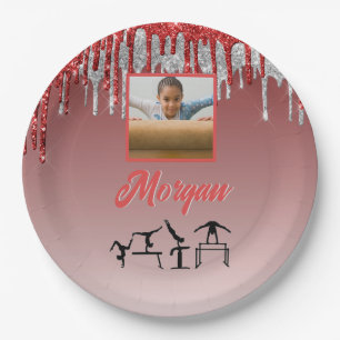 Assiettes En Carton Gymnastique Parties scintillant rouge et argent Dr