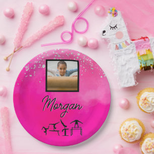 Assiettes En Carton Gymnastique rose, argent, Parties scintillant Phot