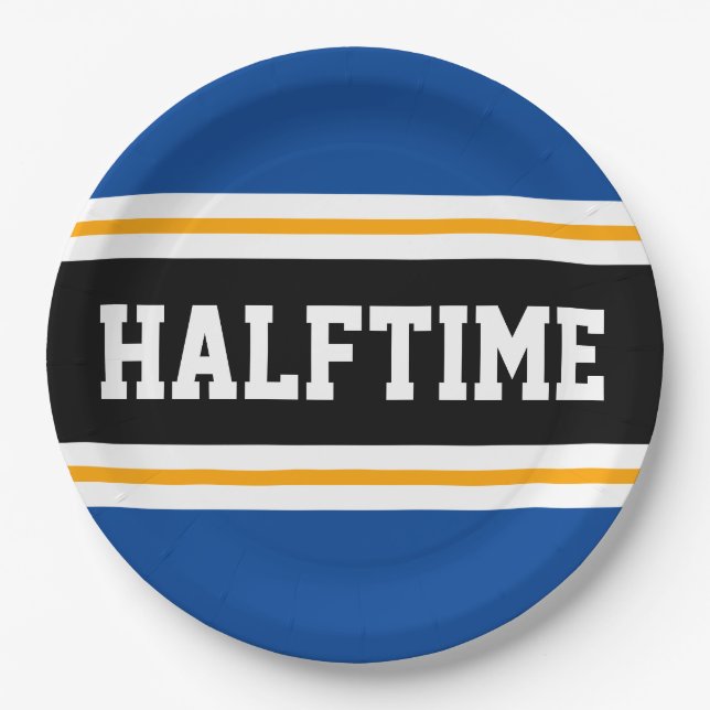 Assiettes En Carton HALFTIME Bleu Noir Blanc Jaune Frappe (Devant)