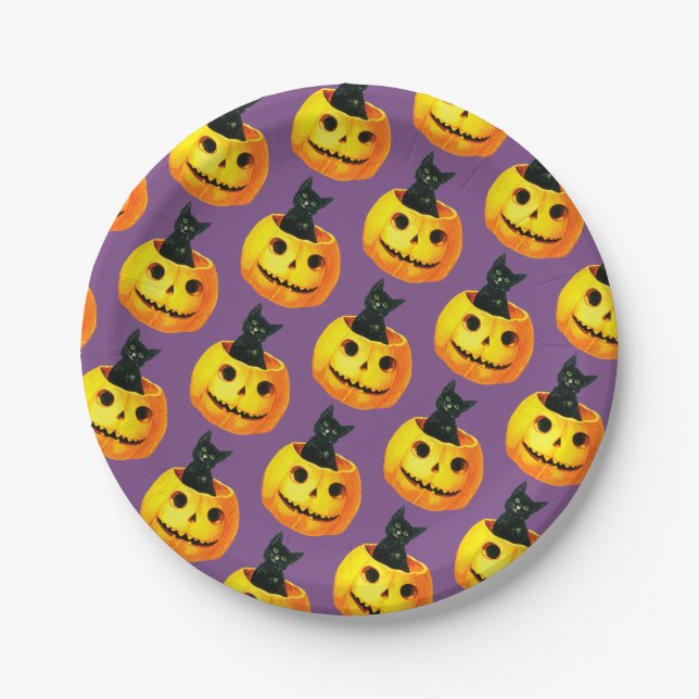 Assiettes En Carton Halloween à l'ancienne, chat noir sur Citrouille (Devant)