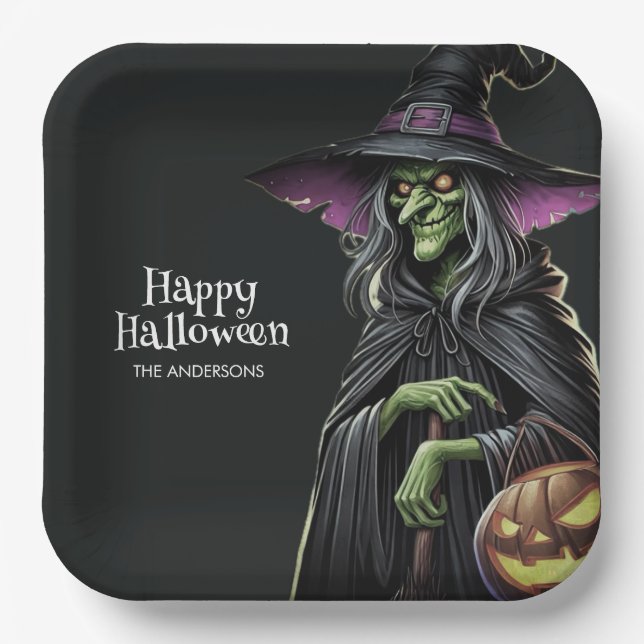 Assiettes En Carton Halloween à thème de sorcière effrayant (Recto)