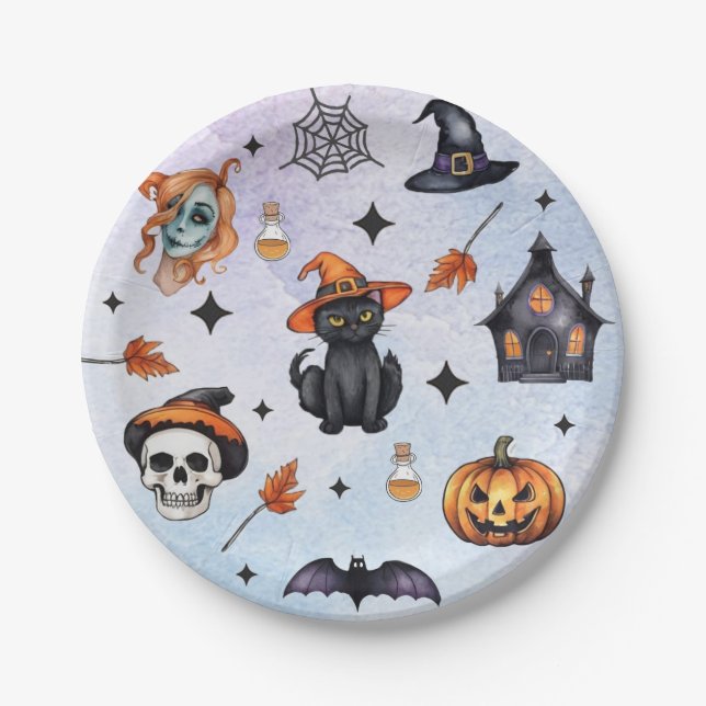 Assiettes En Carton Halloween Aquarelle Citrouille Chat Motif crâne (Devant)
