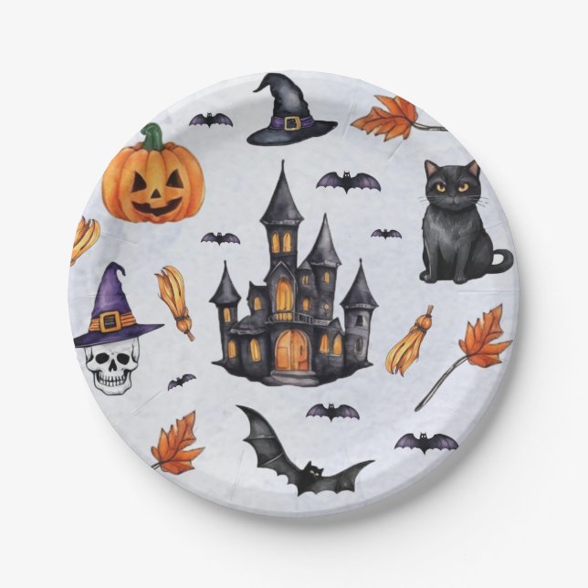 Assiettes En Carton Halloween Aquarelle citrouille crâne chat chat Mot (Devant)