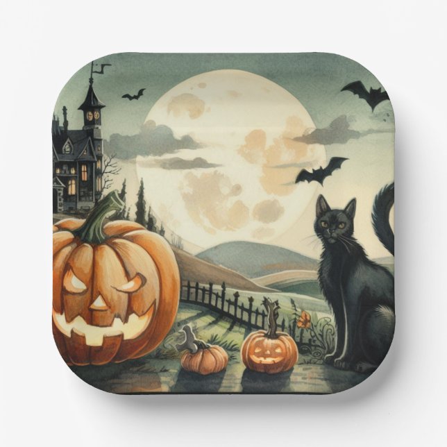 Assiettes En Carton Halloween/Automne/Automne/citrouille/chat (Recto)