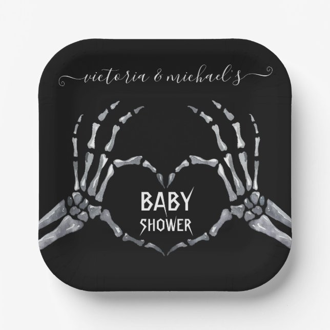 Assiettes En Carton Halloween Baby shower Squelette Mains Coeur (Recto)