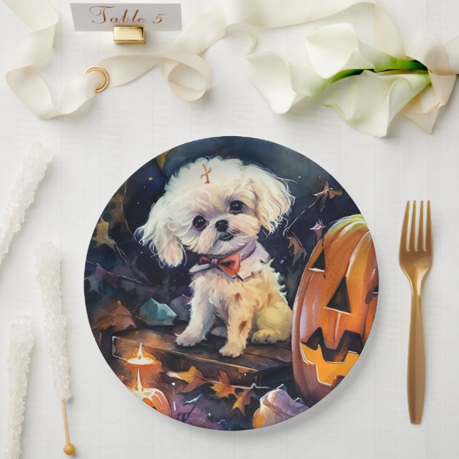 Assiettes En Carton Halloween Bichon Frise Avec La Peur Citrouille (Mariage)