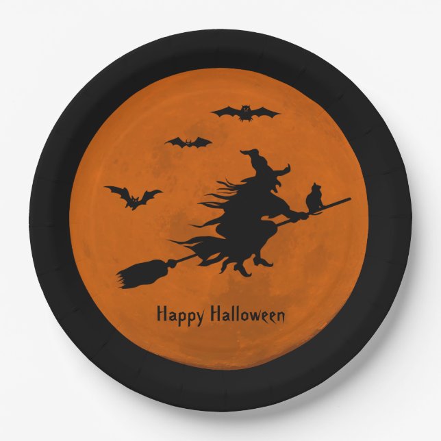 Assiettes En Carton Halloween Black Wicked Witch Flying Orange Moon (Devant)