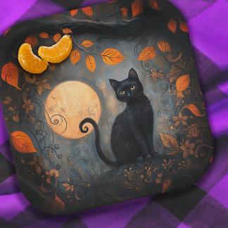 Assiettes En Carton Halloween Chat noir Ornate Moody Pleine lune