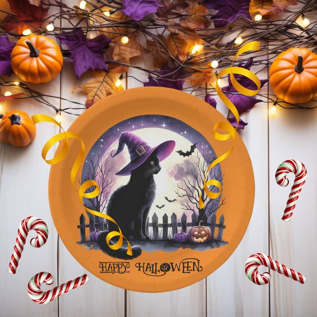 Assiettes En Carton Halloween Chat Noir sorcière et chauves-souris (Créateur téléchargé)