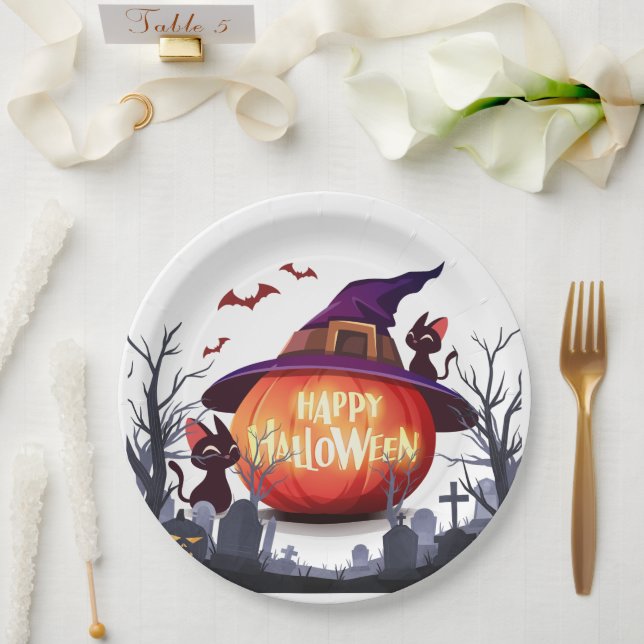 Assiettes En Carton Halloween Citrouille, Chats et sorcière Ha (Mariage)