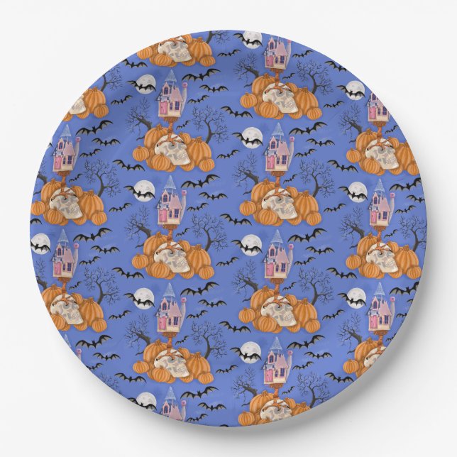 Assiettes En Carton Halloween, citrouille, crâne et chauves-souris ass (Devant)