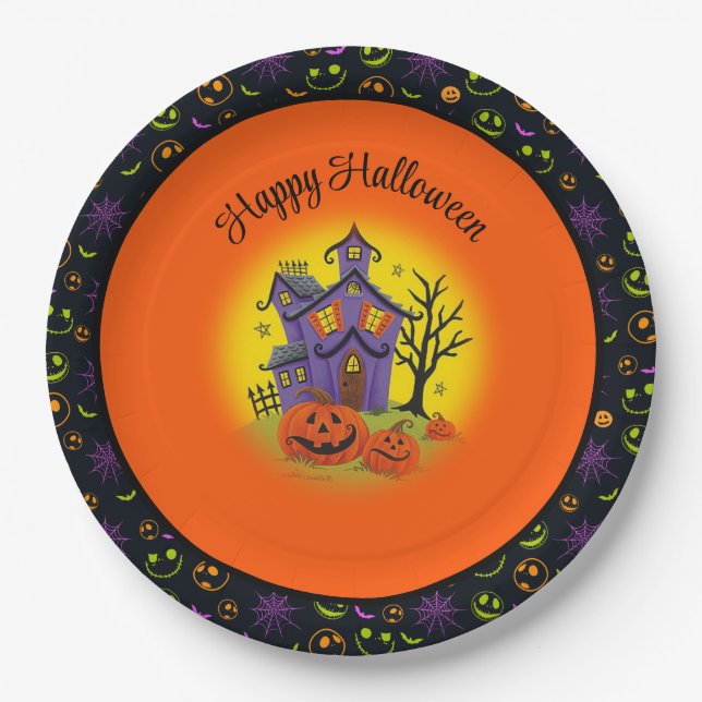 Assiettes En Carton Halloween Citrouille Haunted House Fun Texte perso (Devant)