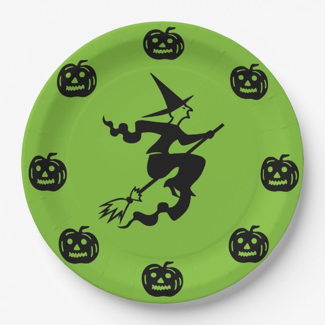 Assiettes En Carton Halloween - Citrouilles noirs et sorcière (Devant)