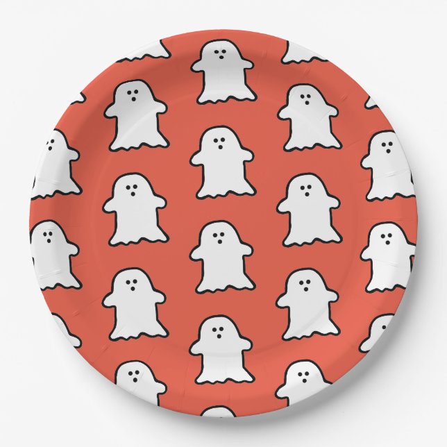 Assiettes En Carton Halloween classique orange et fantôme blanc (Devant)