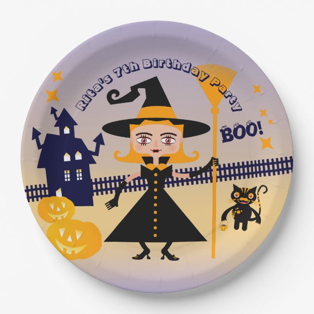 Assiettes En Carton Halloween Costume fille sorcière fête d'anniversai (Devant)