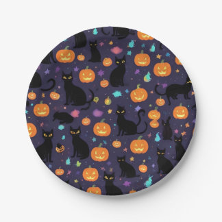 Assiettes En Carton Halloween de chats violets et noirs