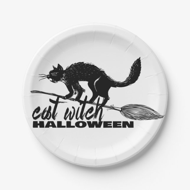 Assiettes En Carton Halloween Drôle Chat Sorcière Sur Broomstick (Devant)